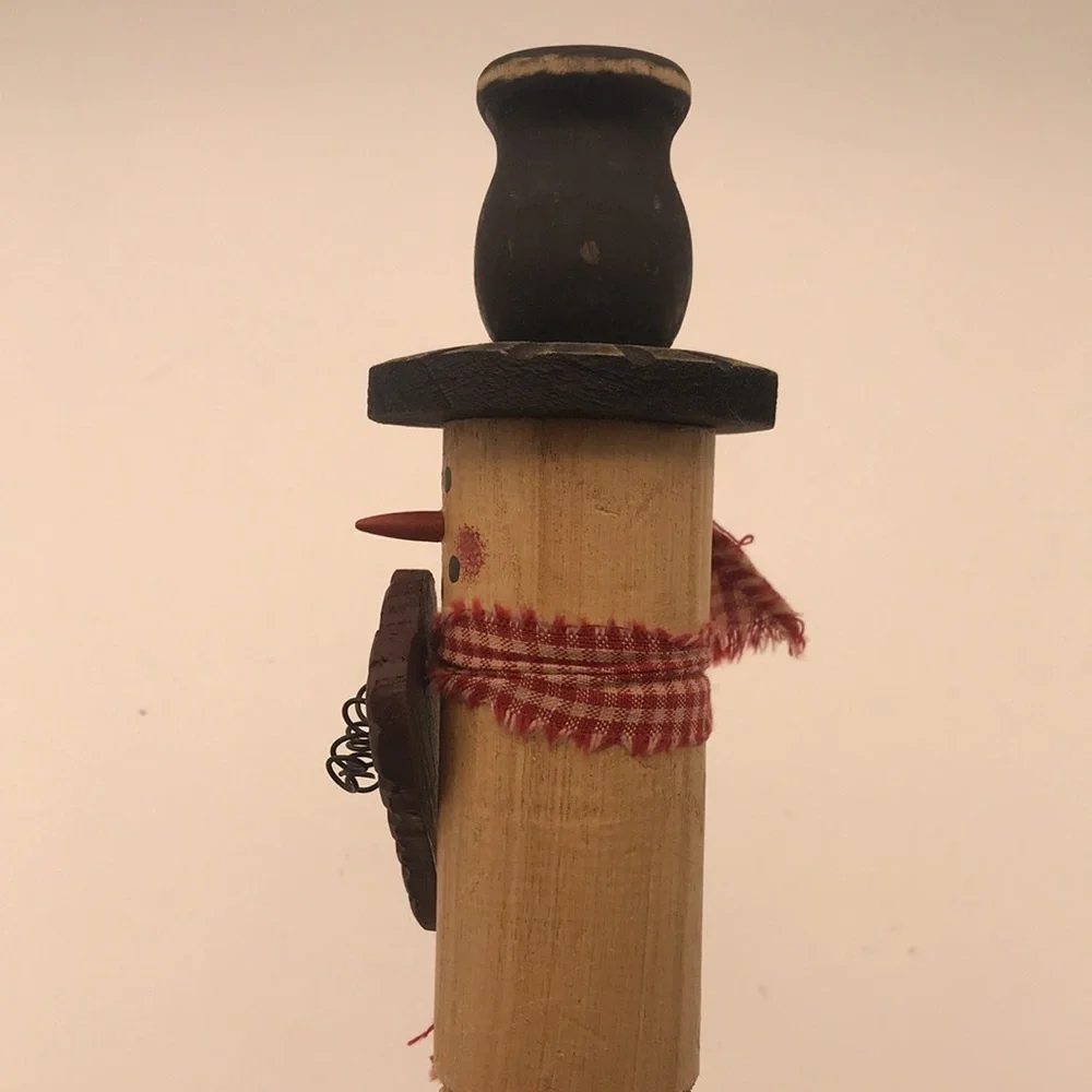 Wood Handcrafted‎ Rustic Folk Art Snowman Candle Holder w/ Heart & Plaid Scarf